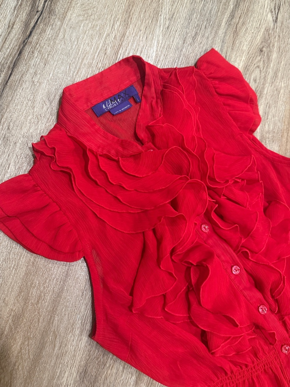 Miley Cyrus & Max Azria Red Ruffled Button-Front Sheer Blouse - Picture 3 of 7